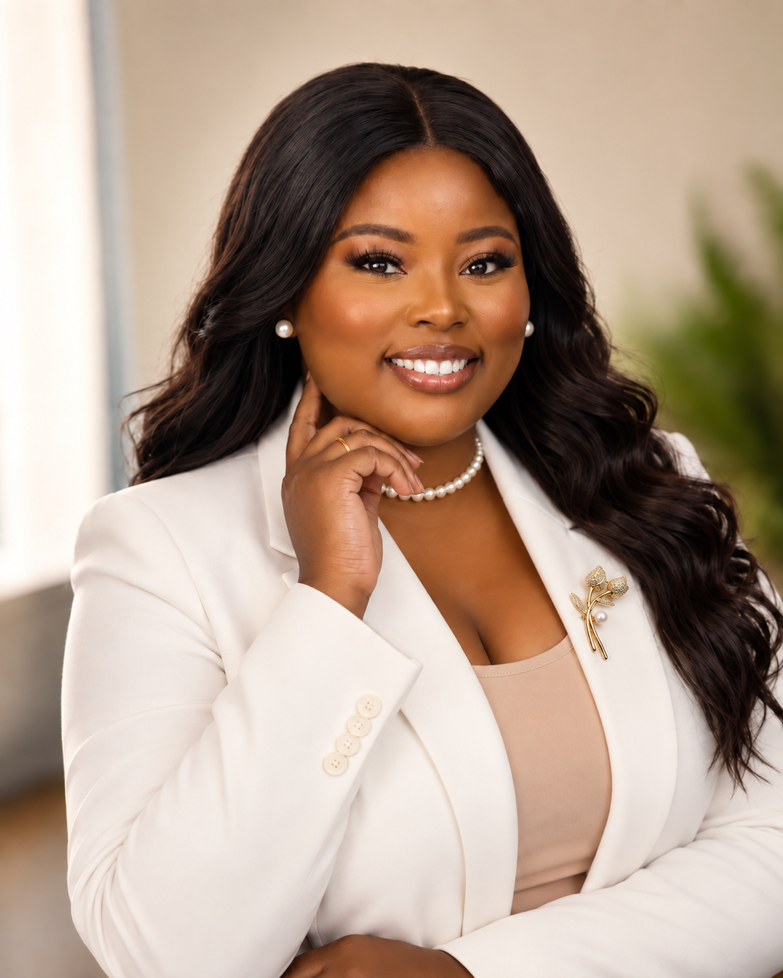 Elegant woman in a white blazer wearing a Glitzstone statement brooch
